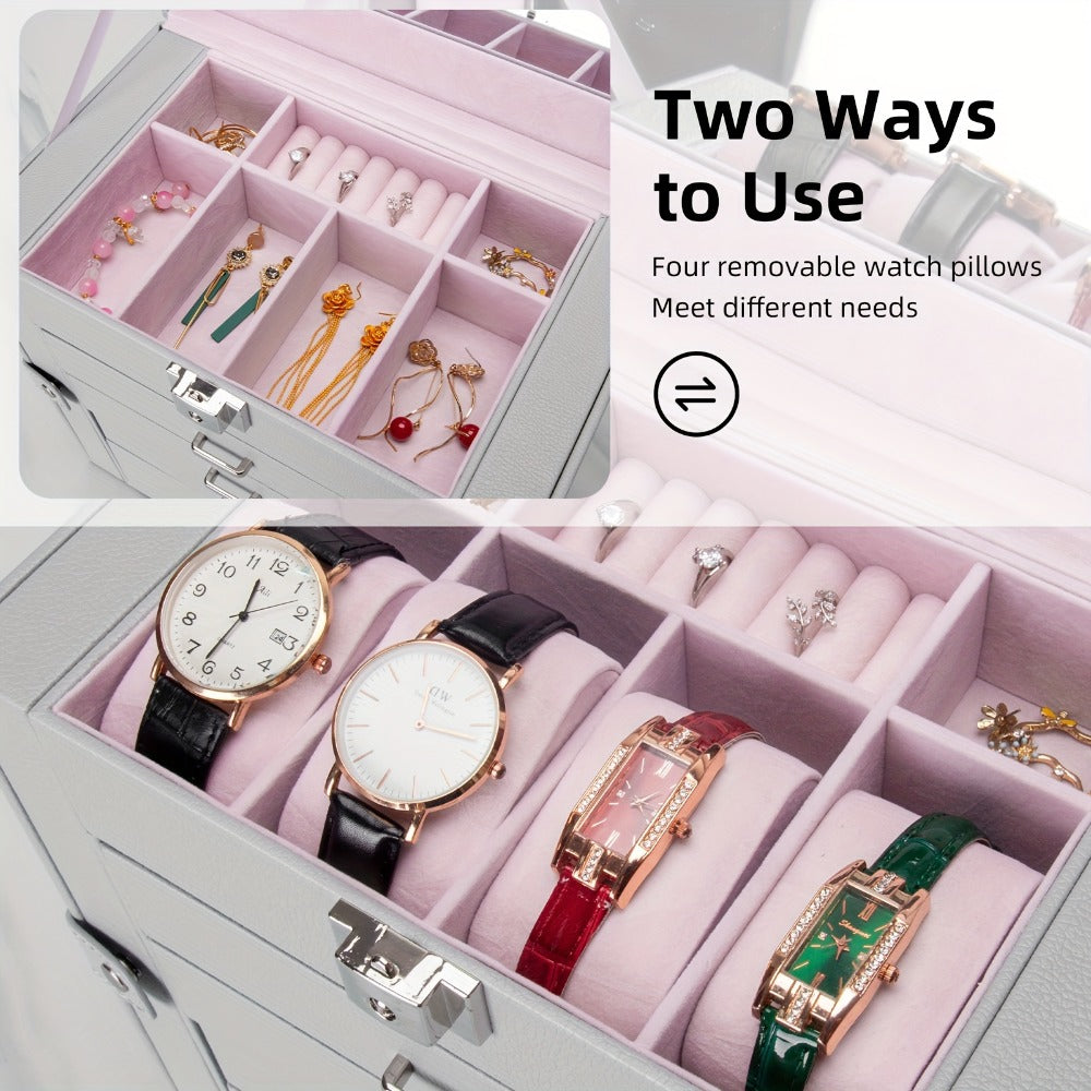 Jewelry Box, Five-Tier PU-Leather Organizer with Built-In Mirror, Key Lock and Three Color Options