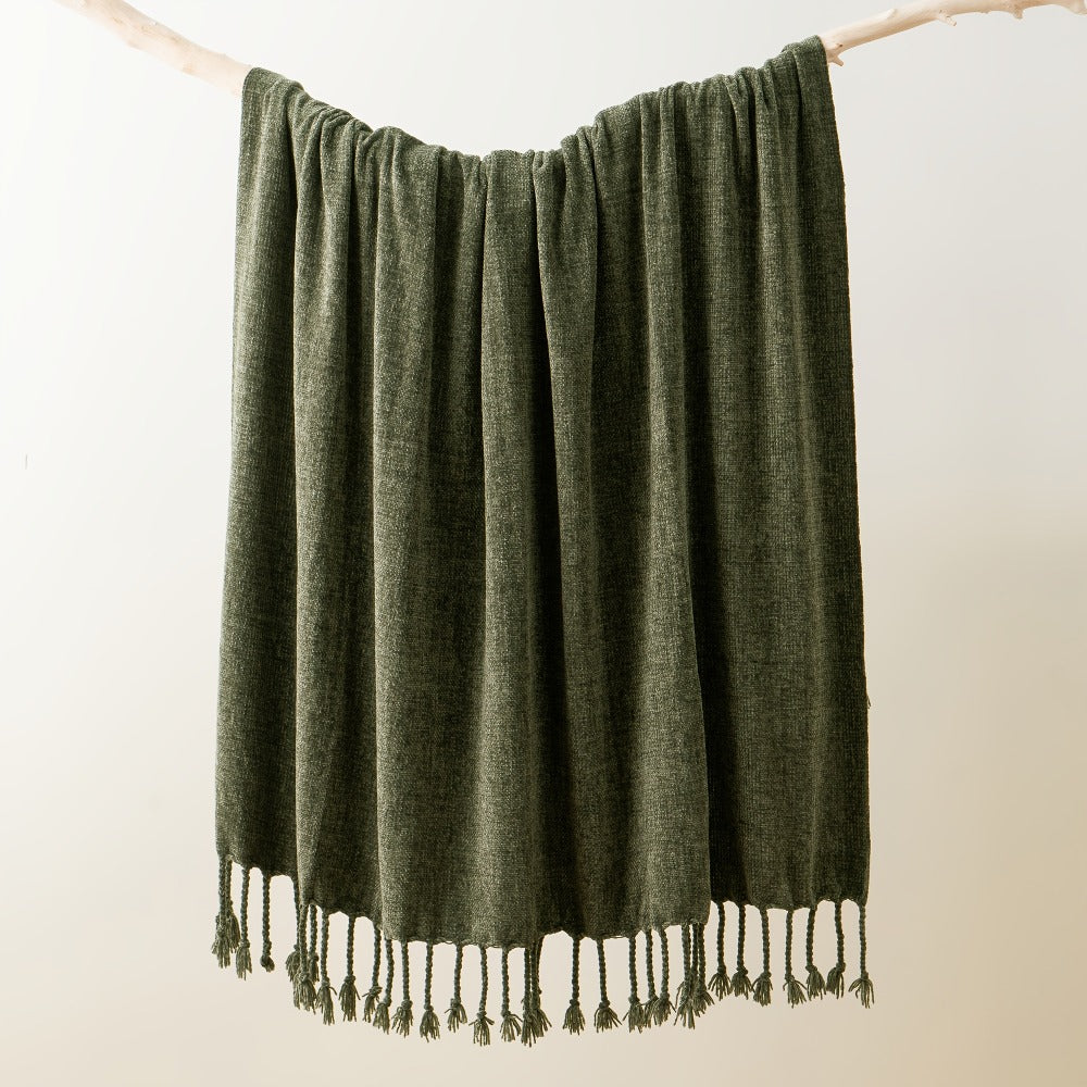 Chenille Fringe Throw Blanket, 180-200gsm Velvety Decorative Throw for Sofa & Couch, Home Decor, 50”×60”