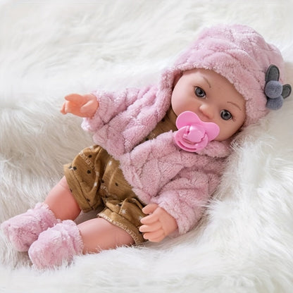 Mini Reborn Baby Doll 12 Inch Pink Plush Outfit Set – 30cm Realistic Newborn Girl Doll with Hat, Socks & Pacifier