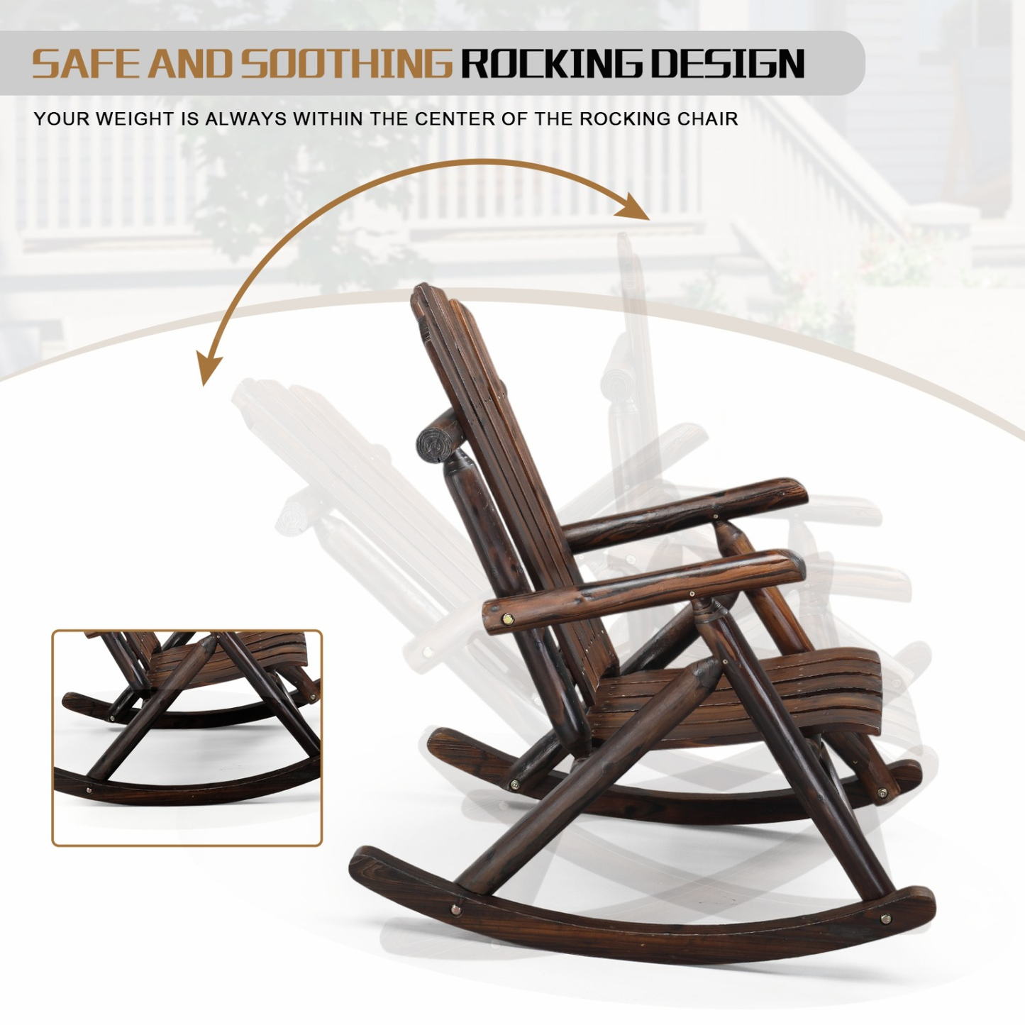 Patio Cedar Rocking Chair 26" Fan-Shaped Backrest Outdoor Rocker for Garden Poolside Patio