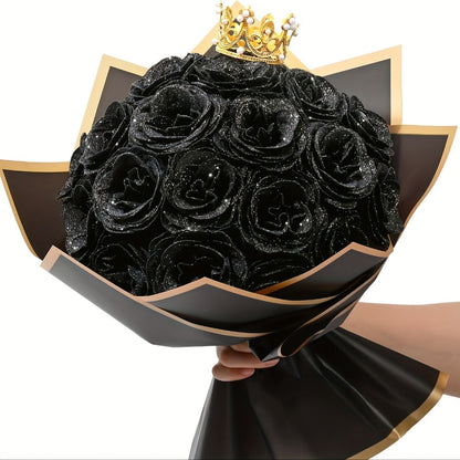 Artificial Rose Bouquet 24 Glitter Roses with 6 Golden Butterflies, Everlasting Shiny Fake Flower Bouquet for Wedding