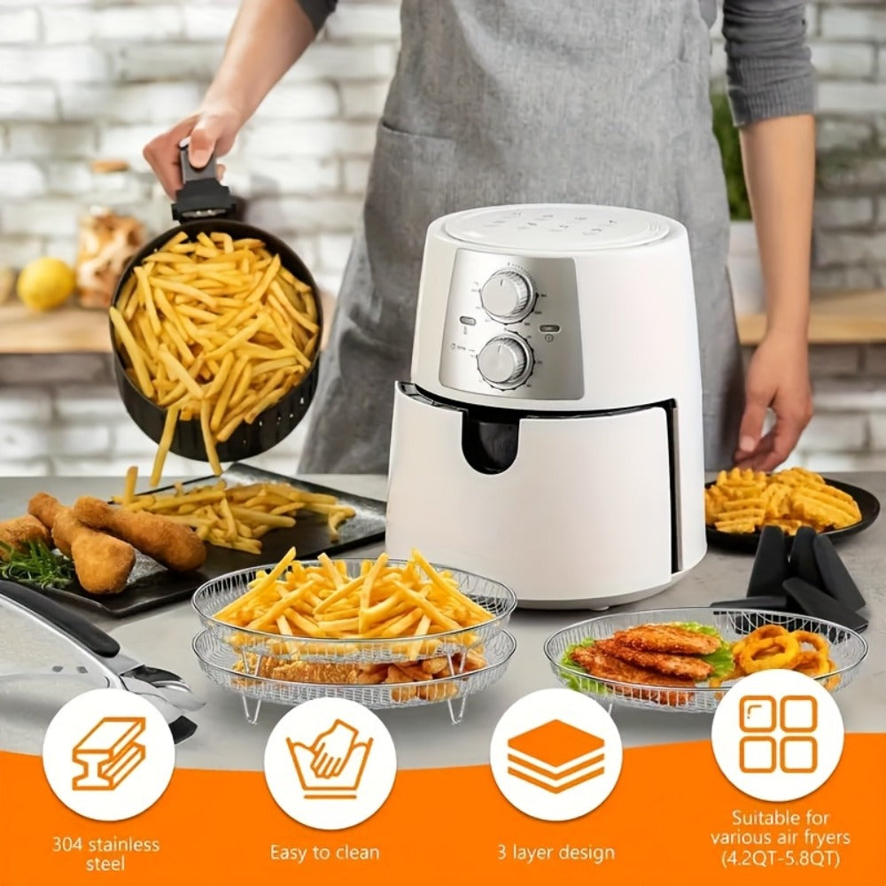 Seven-Piece Round Air Fryer Rack Set with Three Stackable Trays, One Handling Tool and Three Grips