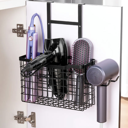 Hanging Hair Tool Organizer with Adjustable Mounting Height, Wire Basket and Black or White Finish