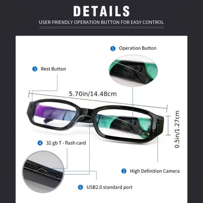 13B Clear-Lens Camera Glasses in Black with Thick Temples and 32GB or 64GB TF Card Bundles
