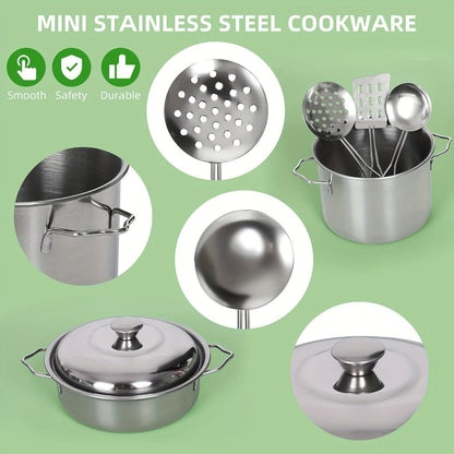 Kids Kitchen Playset 37pcs, Stainless Steel Play Pots & Pans Set with Apron, Chef Hat, Cooking Utensils & Play Food