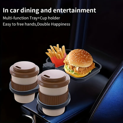 Rotating Car Cup Holder Expander with Dual Drink Rings, 4.3 x 6 Inch Tray, Adjustable Base and Black Finish
