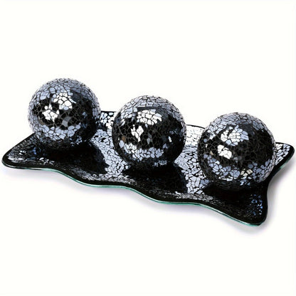 Decorative Glass Balls for Bowls 3 Inch Set of 3 with Glass Tray for Entryways, Bedrooms and Living Spaces