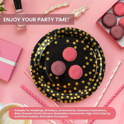 Disposable Party Supplies Set 150 Piece Black and Gold – Paper Plates, Napkins & Forks for 50 Guests, Elegant Tableware for Birthday