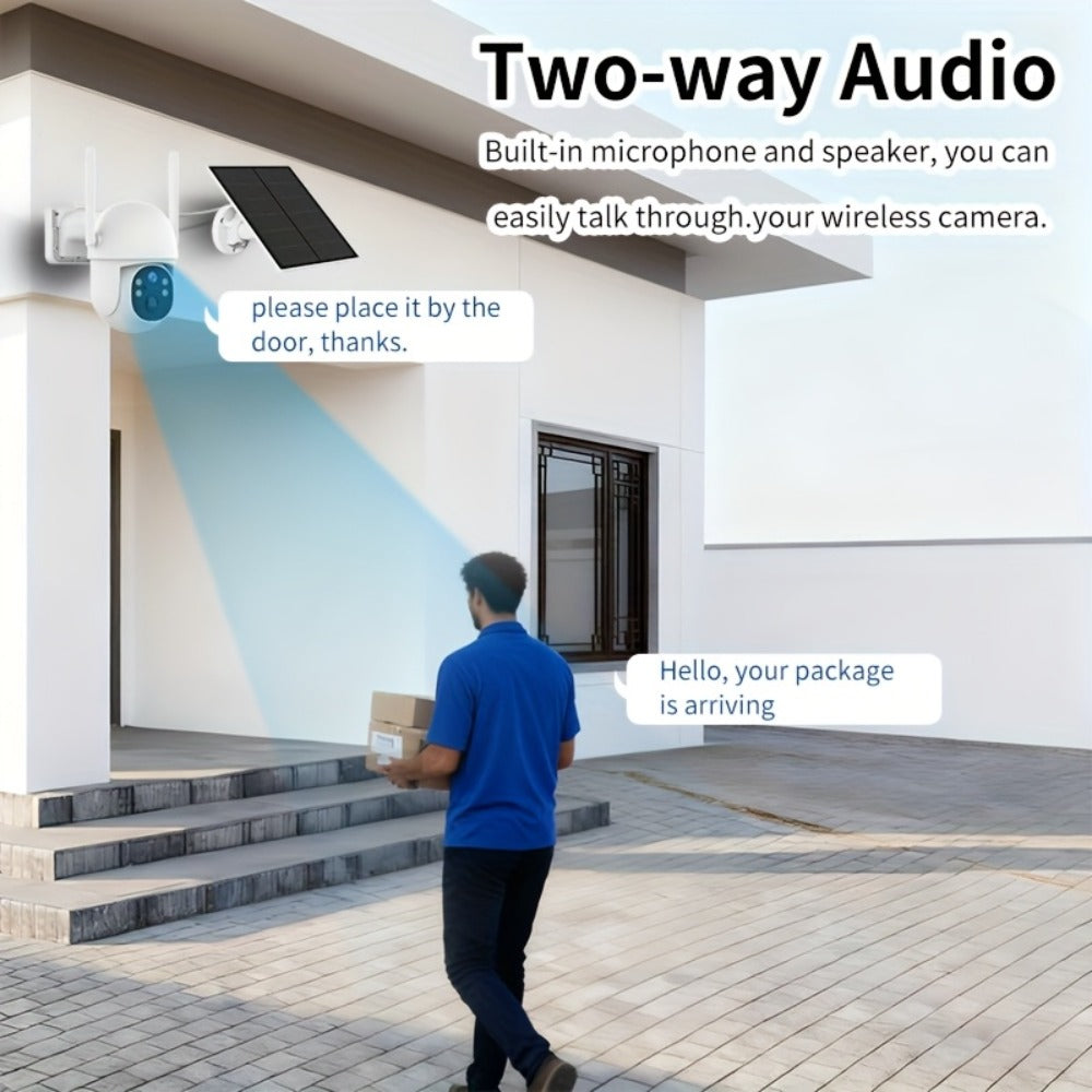 Two-Camera Solar Outdoor Security Set with Two Panels, Full-Color Night View Label and Two-Way Audio