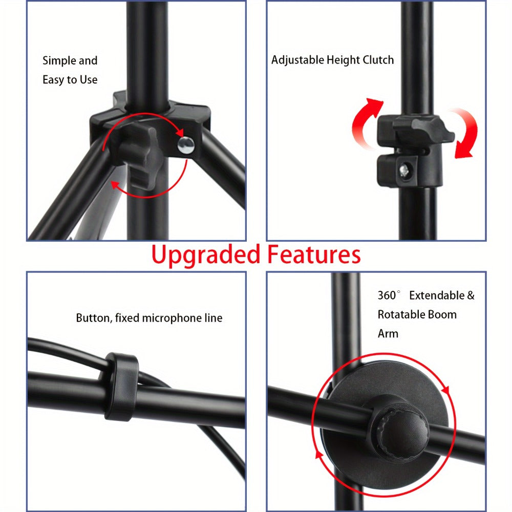 Adjustable Tripod Microphone Stand with Boom Arm Floor Mount Metal Mic Stand Dual Mic Clips Phone Holder for Live Performance Wedding Stage