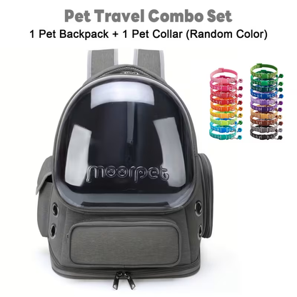 Dome-Window Pet Carrier Backpack and Collar Set with Mesh Panels in Five Source-Labeled Color Options