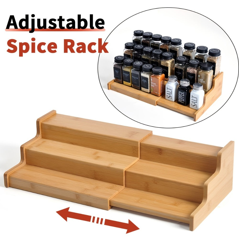 Expandable Bamboo Spice Rack with Three Stepped Tiers, 9.5-15.7-Inch Width and One- or Two-Piece Options