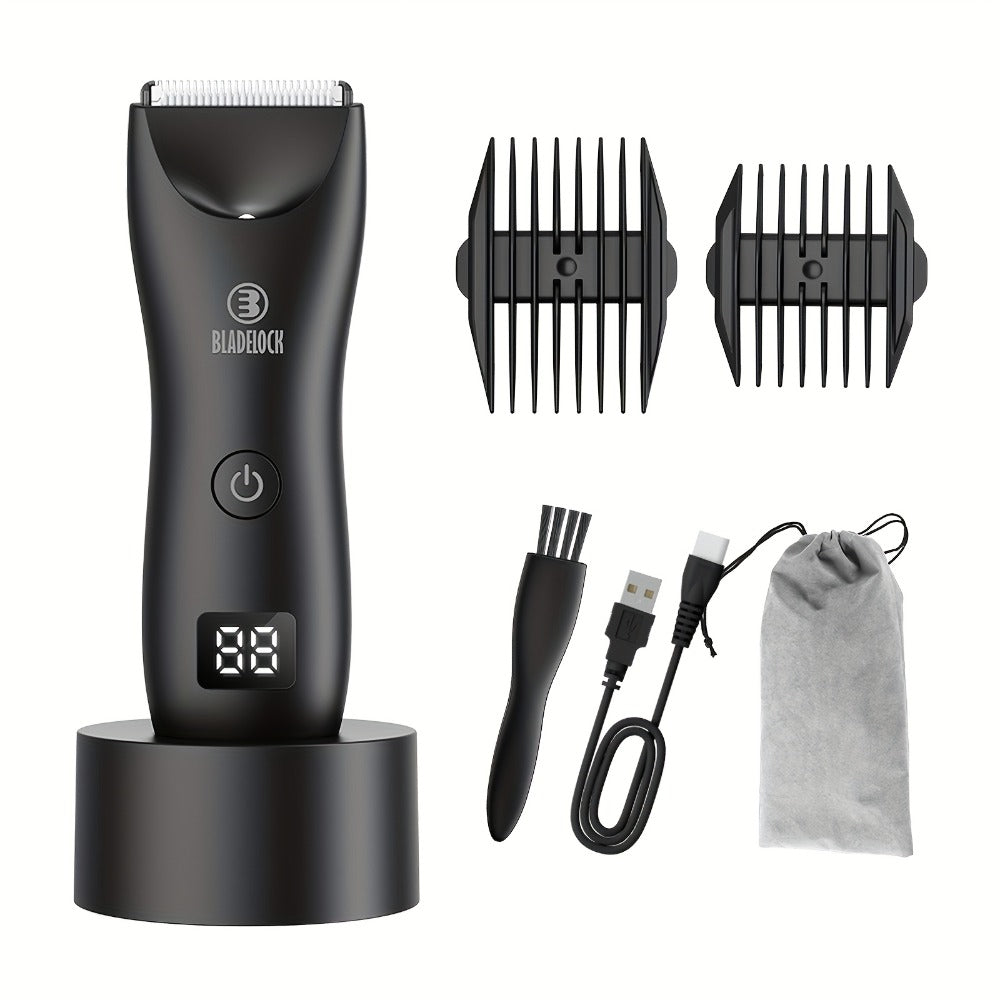 Manscaping Trimmer for Men IPX7 Waterproof Electric Groin & Ball Trimmer Ceramic Blades LCD Battery Display Replaceable Head