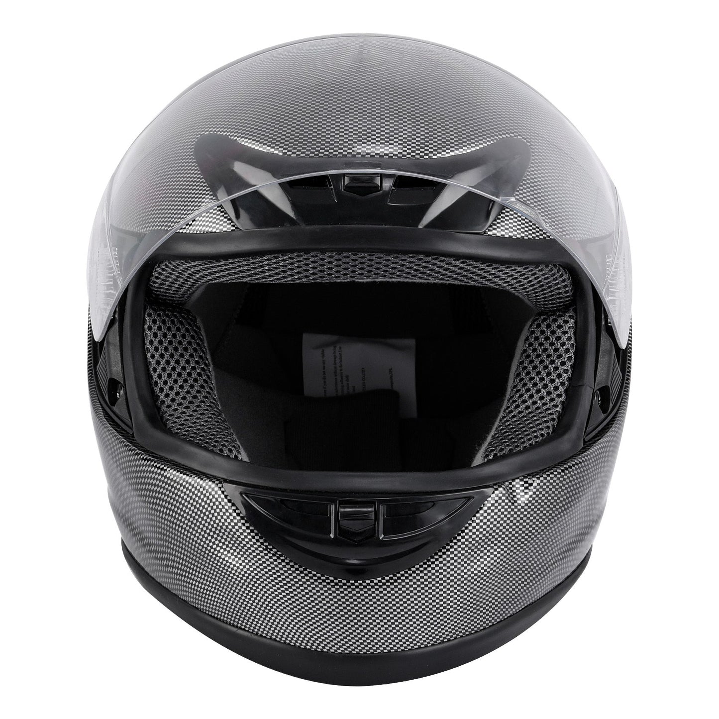 Motorcycle Helmet TCMT Full-Face Black Shell with Clear Shield, S-XL Size Chart, Interior Padding and Rear Vents