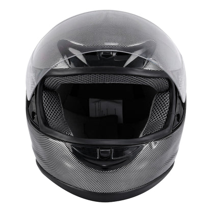 Motorcycle Helmet TCMT Full-Face Black Shell with Clear Shield, S-XL Size Chart, Interior Padding and Rear Vents
