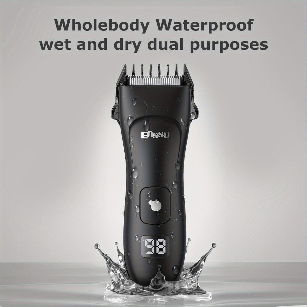 Ceramic-Blade Body Hair Trimmer with IPX7 Rating, LCD Display, Charging Stand and Black Housing