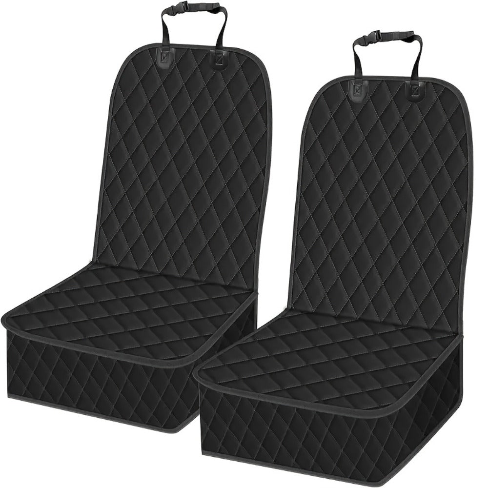 Quilted Black Front Car Seat Covers with Headrest Straps and Raised Pet-Guard Side Panels, Two-Piece Set