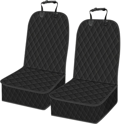Quilted Black Front Car Seat Covers with Headrest Straps and Raised Pet-Guard Side Panels, Two-Piece Set