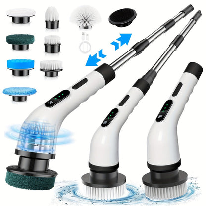 Electric Spin Scrubber with 7 Brush Heads & Adjustable Handle, Dual-Speed Cordless Power Scrubber for Bathroom