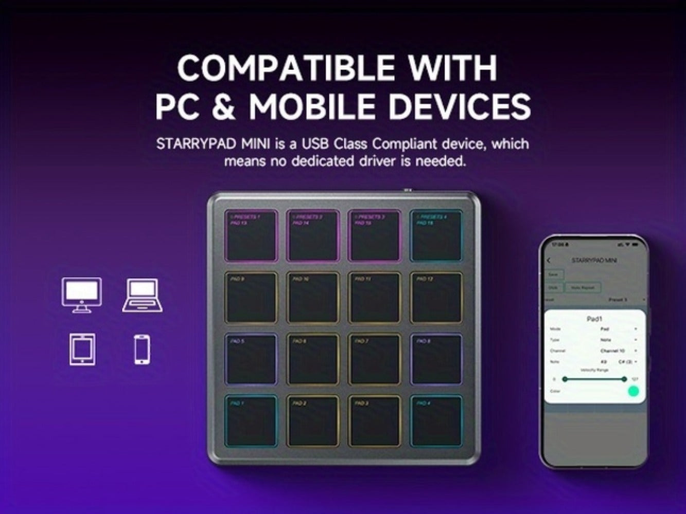 Donner Starrypad Mini MIDI Controller with 16 RGB Pads and Wireless detail image - detail view 11