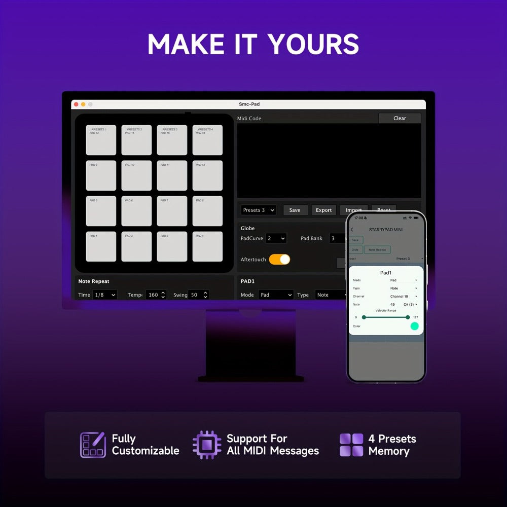 Donner Starrypad Mini MIDI Controller with 16 RGB Pads and Wireless detail image - detail view 7