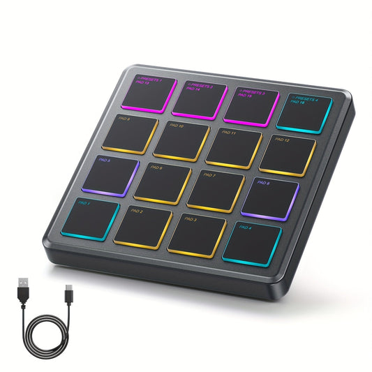 Donner Starrypad Mini MIDI Controller with 16 RGB Pads and Wireless shown in the Gray option