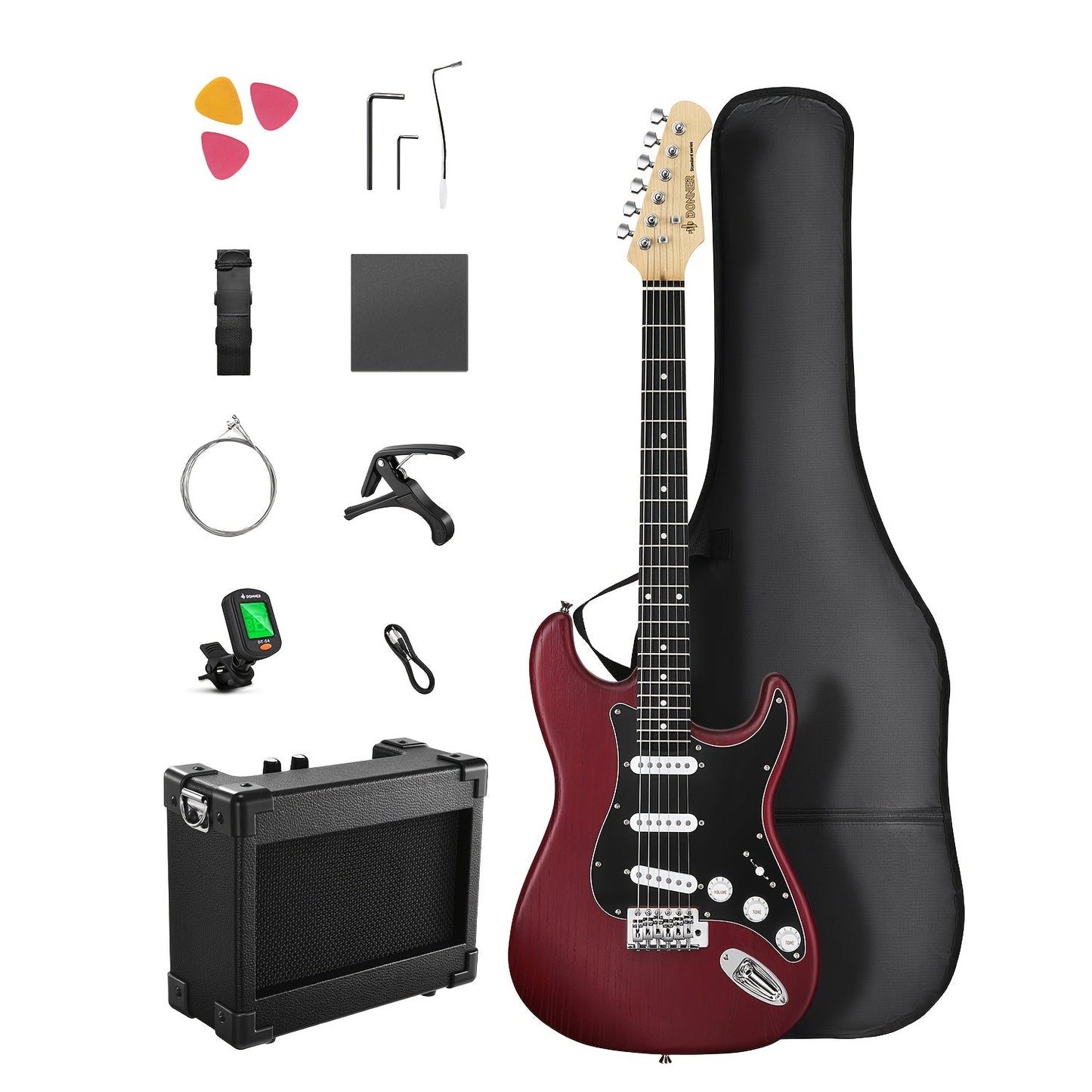 DST-80 Full Size Electric Guitar Kit with SSS Pickups and Amplifier shown in the Burgundy Red option