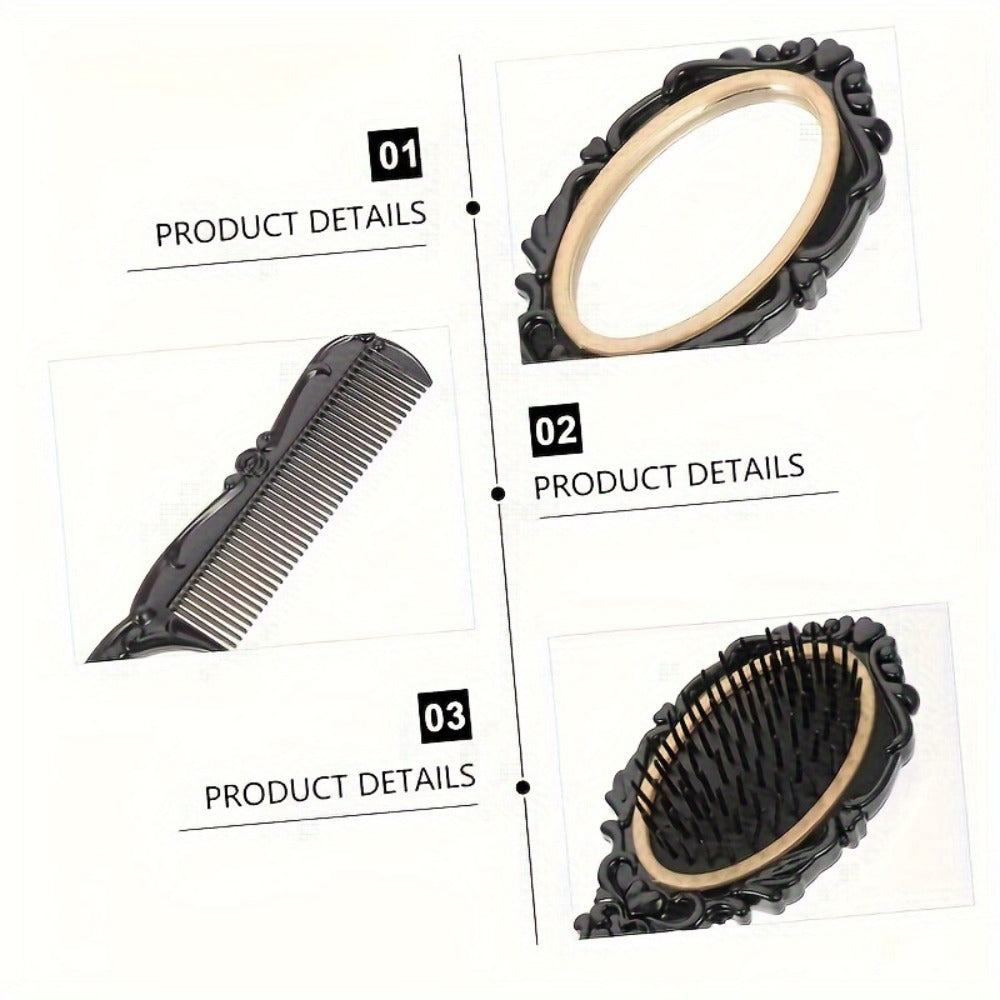 Retro Hair Comb Set with Mirror Scalp Massage Hairbrush Pocket Mirror Vintage Vanity Brush Set for Women Girls Travel Daily Grooming Makeup