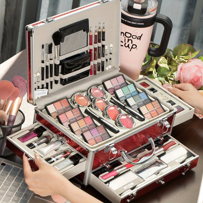 Makeup Kit in Handled Aluminum-Style Travel Case with Mirror, Tiered Trays and Silvery or Red Finish