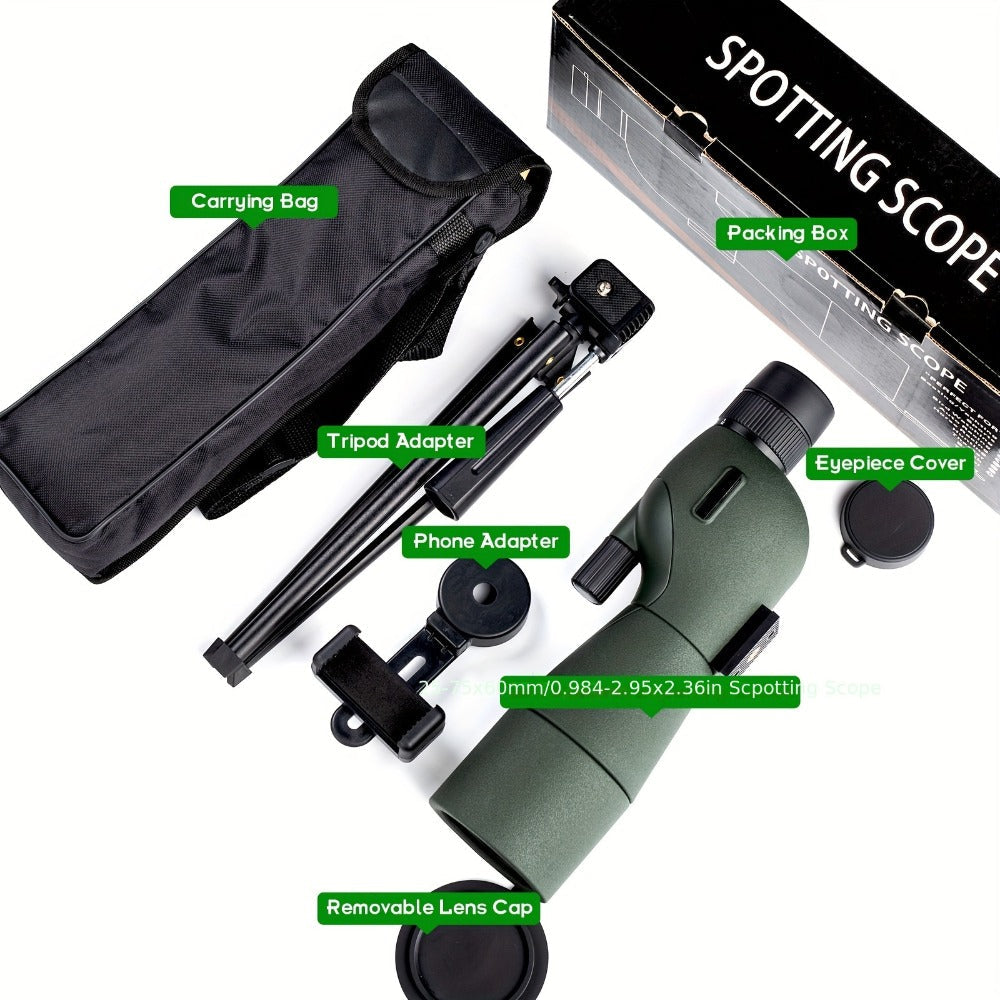 25-75x60 Spotting Scope with Tripod, Carrying Bag & Smartphone Adapter, High-Power Variable Zoom Scope for Target Shooting