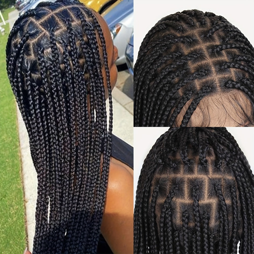 Extra-Long Natural Black Braided Wig with Full Lace Cap and 40-Inch Straight Box Braids for Styling