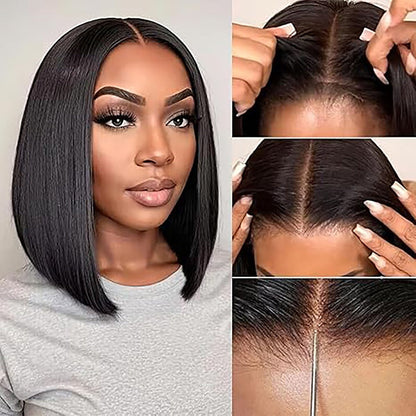 Human Hair Bob Wig for Women, 5x1 T Part Lace Front, Brazilian Straight Middle Part, 180% Density