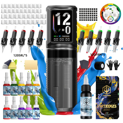 Tattoo Machine Kit POSEIDON BT29 Wireless Rotary Pen with LED Color Screen, 2300mAh Battery, 10 Cartridges and 11 Inks