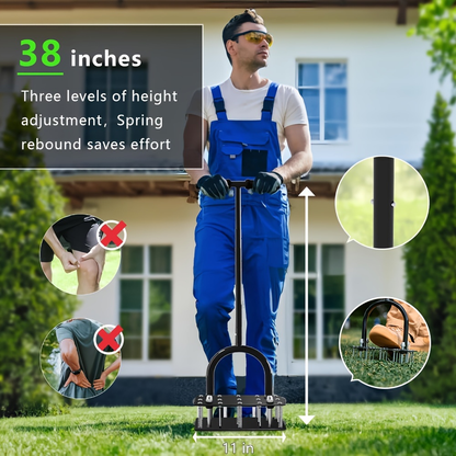 Self-Cleaning Lawn Aerator with 14 Iron Spikes – Spring-Loaded Auto-Clean Mechanism for Leaves & Dirt, Manual Soil Loosening Tool for Patio