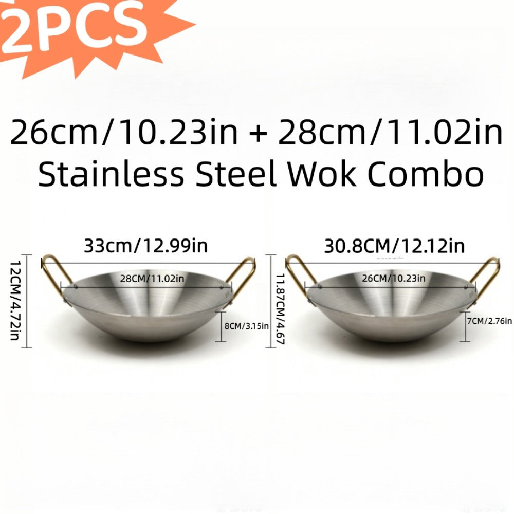 Stainless Steel Wok Set 2pcs 10in + 11in, Non-Stick Frying Pan with Stainless Steel Handle, Cookware for Home Kitchen & Outdoor Cooking