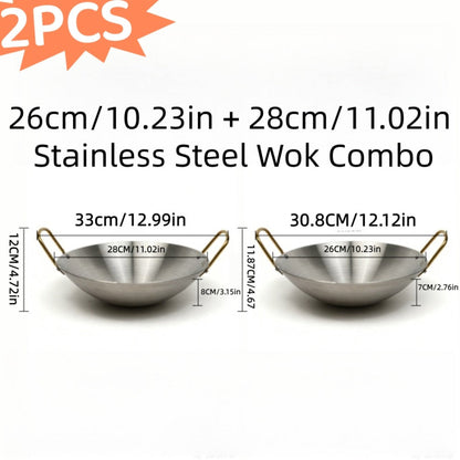Stainless Steel Wok Set 2pcs 10in + 11in, Non-Stick Frying Pan with Stainless Steel Handle, Cookware for Home Kitchen & Outdoor Cooking