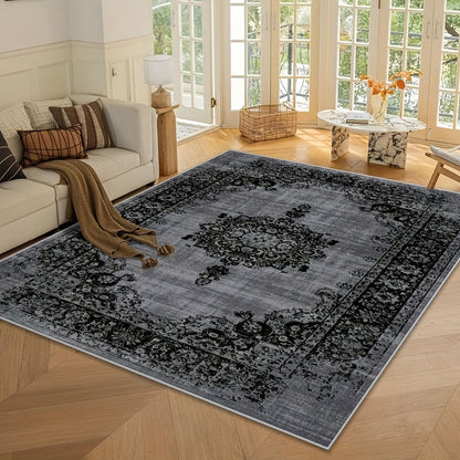 Area Rug Velvet Bohemian Floral Geometric Low-Pile Design in Six Machine-Washable Room Sizes