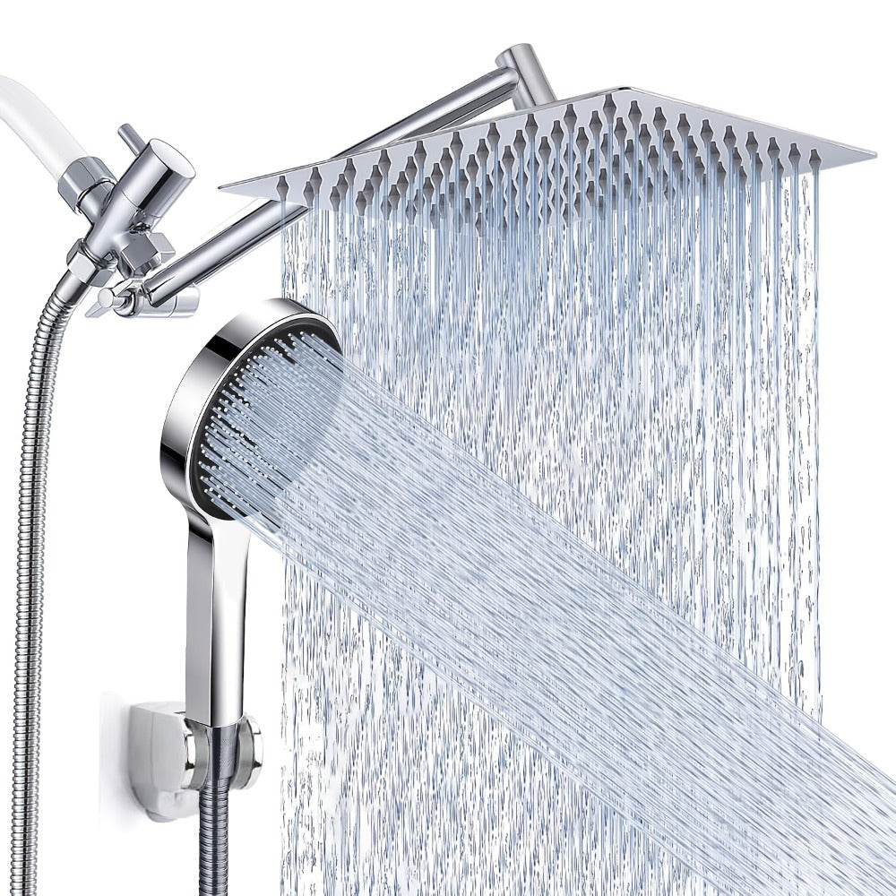 High Pressure Rainfall Handheld Shower Head Combo, 11-Inch Extension Arm, 9 Settings, 180° Adjustable, Anti-Leak with Holder