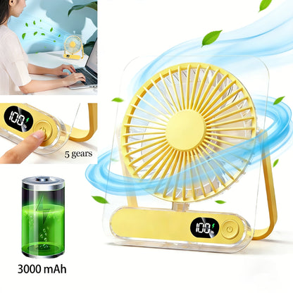 Portable USB Desktop Fan 3000mAh Battery, Ultra-Quiet 5-Speed Foldable Fan with 180° Adjustable Tilt and Digital Power Display