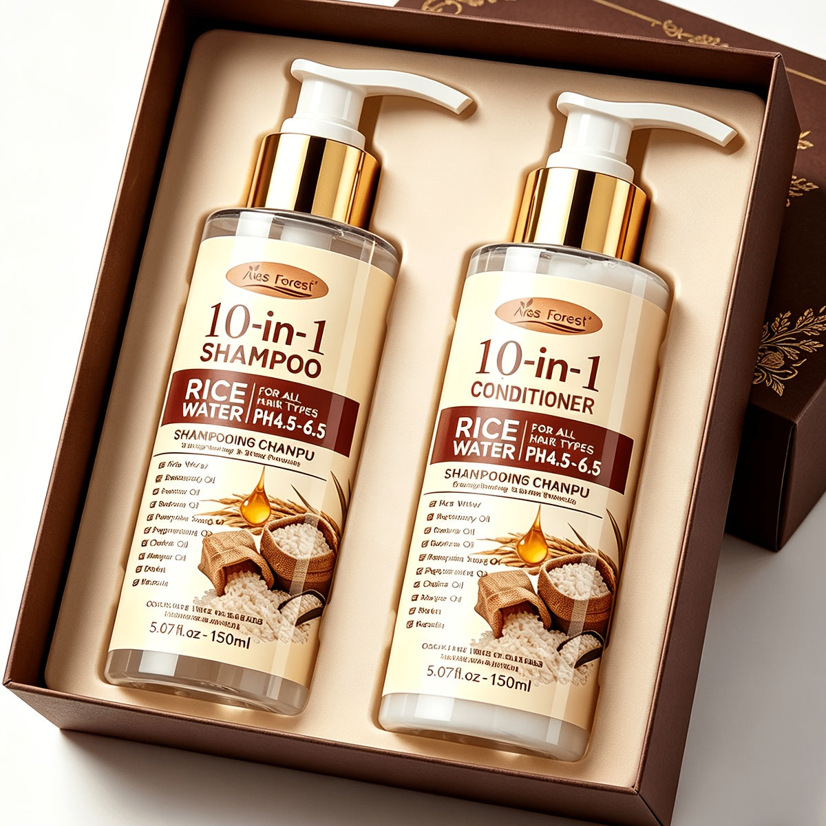 Rice Water 10-in-1-Labeled Shampoo and Conditioner Duo in 150mL Pump Bottles with White-and-Gold Packaging