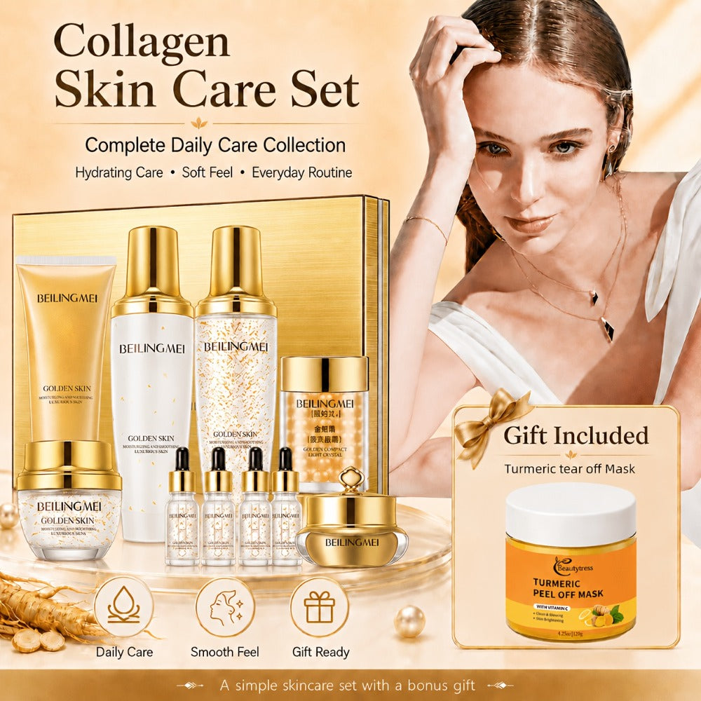 Skincare Gift Set for Women 9pcs Golden Luxury Kit, Niacinamide Collagen Hyaluronic Acid Daily Facial Care Premium Birthday Holiday Gift