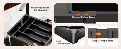 Cutlery Tray Kitchen Organizer Expandable Bamboo Drawer Divider with Labels in Natural, White or Black