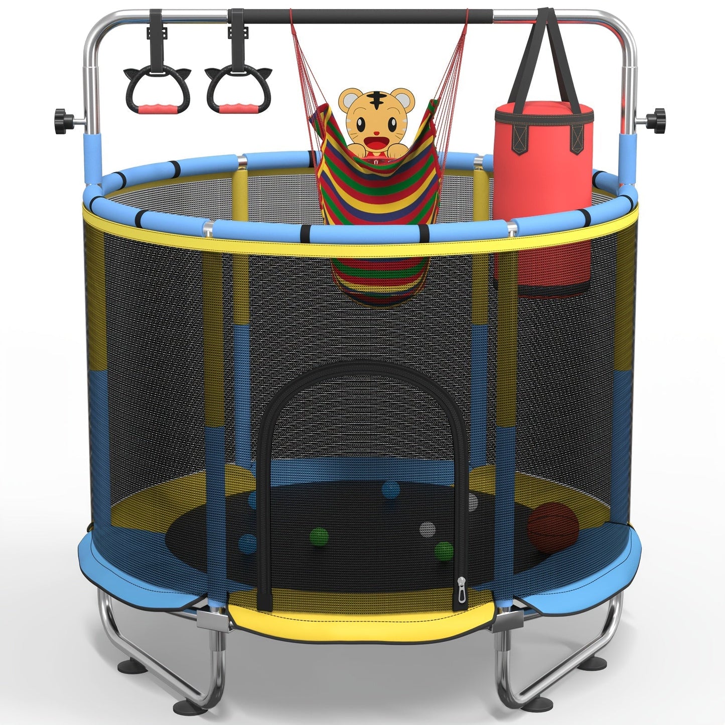 Kids Trampoline with Enclosure and Gymnastics Bar, 60" Height Adjustable Safety Net Trampoline for Toddlers Ages 3+