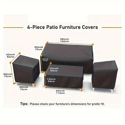Four-Piece Black Patio Furniture Cover Set for Loveseat, Two Chairs and Coffee Table with Listed Dimensions