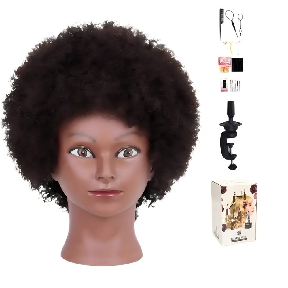 Mannequin Head Human Hair Afro Curly with Clamp Cosmetology Practice Training Head for Hairdresser Braiding Styling Cutting 4 Styles Natural