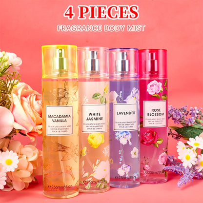 Body Spray for Women 4-Pack 8.4oz Each Hair Body Fragrance Mist Set 20 Floral Fruity Scents Daily Use Gift Value Bundle 250ml Per Bottle