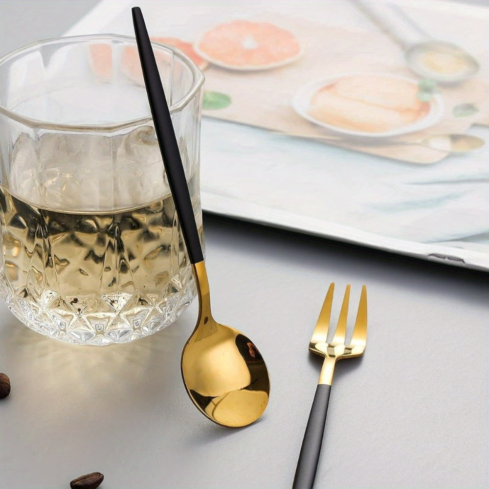 Twenty-Four-Piece Black and Gold Flatware Set for Six with Forks, Knives and Two Spoon Sizes