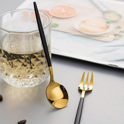 Twenty-Four-Piece Black and Gold Flatware Set for Six with Forks, Knives and Two Spoon Sizes