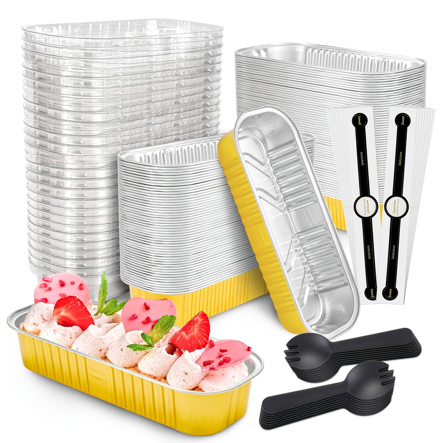 Mini Cake Pans 100 Pack with Lids and Spoons Aluminum Foil Rectangular Disposable Baking Pans for Entryways, Bedrooms and Living Spaces