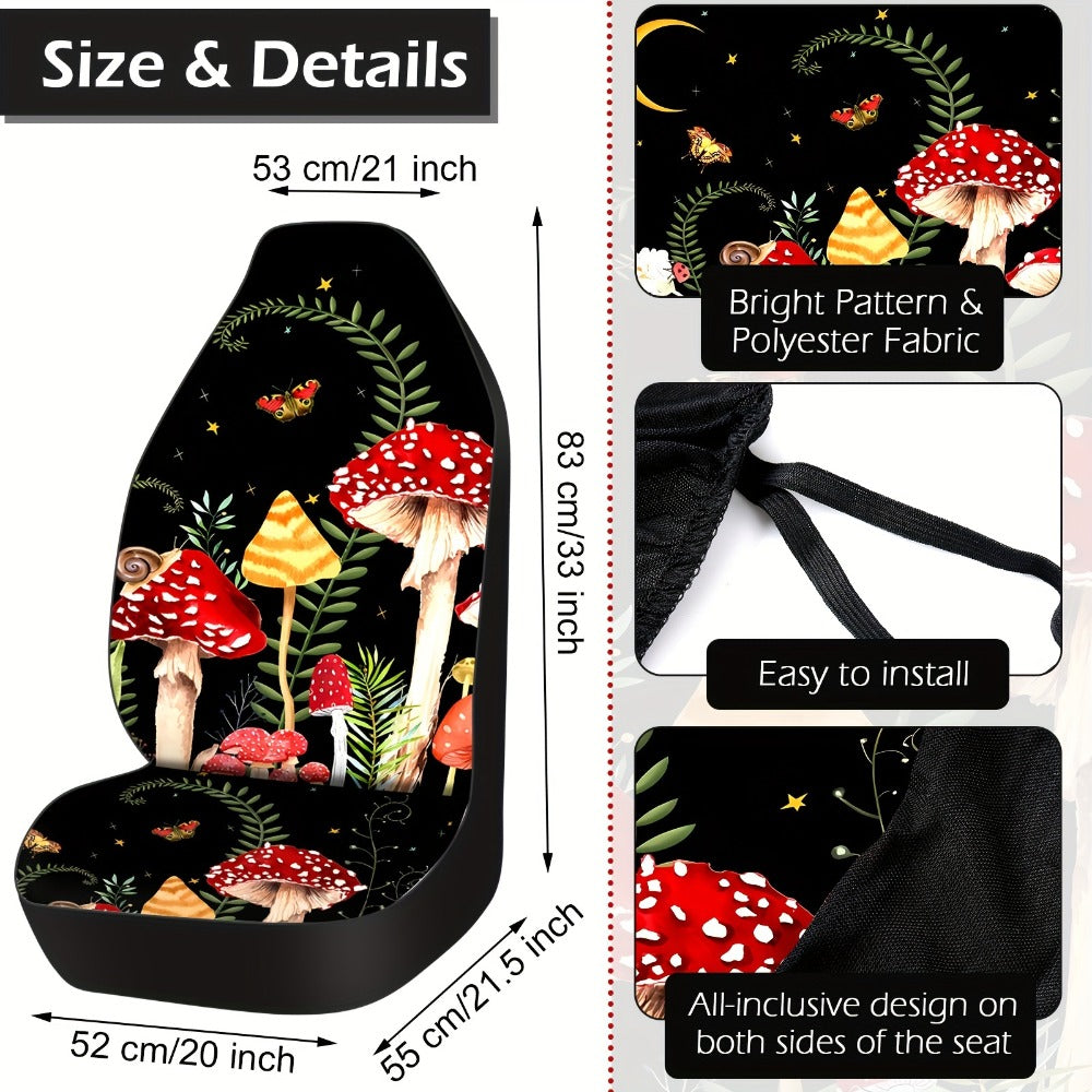 Car Seat Covers 17-Piece Red and Black Forest Mushroom Pattern Interior Accessory Set for Cabin Styling